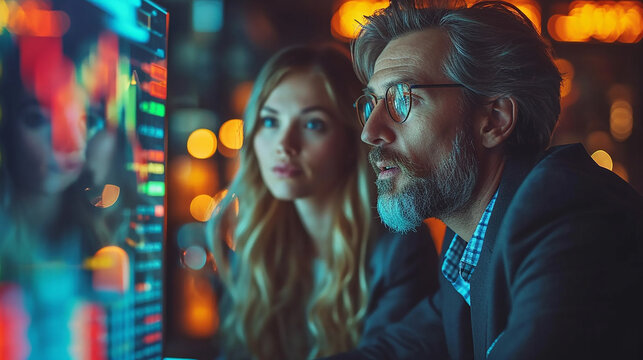 Financial Analyst Discusses Real-Time Stock Chart Data with Investment Banker During Late Evening Meeting at City Brokerage Firm Office
