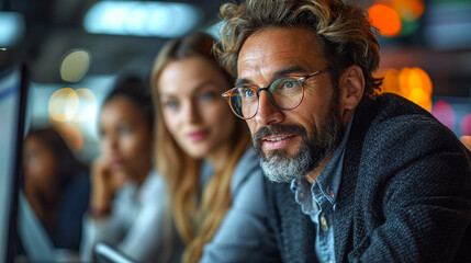 Obraz premium Financial Analyst Discusses Real-Time Stock Chart Data with Investment Banker During Late Evening Meeting at City Brokerage Firm Office