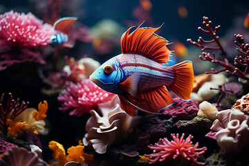 Fototapeta na wymiar Tropical sea underwater fishes on coral reef. Aquarium oceanarium wildlife colorful marine panorama landscape nature snorkel diving