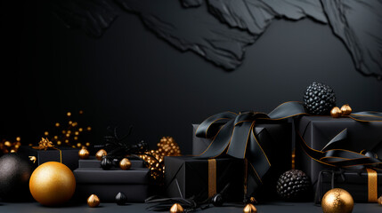 giftboxes in black packaging with black and gold ribbon bow and golden sequins on black background with large SALE word and empty space,
