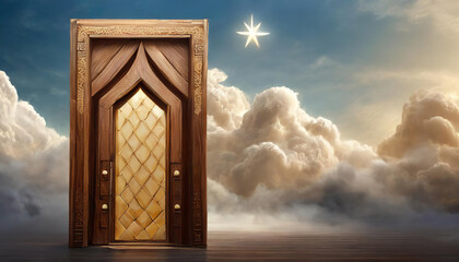 A Wooden Door Invites You to a Tranquil Scene with a Lake, Clouds and Stars