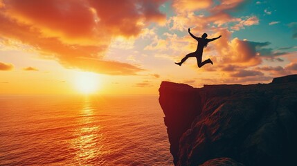 Welcome Merry Christmas and 2025 New Year concept, Silhouette of a businessman jumping on a cliff in 2025 over a sea cliff at a beautiful sunset. business plan and success for 2024. goal, plan, action - obrazy, fototapety, plakaty