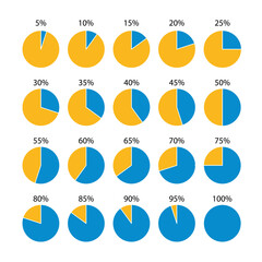 Circular progress bar blue and yellow. Circle loading template. 100 percent round pie chart. Schemes with sectors. Progress diagram structure. Piechart with segments and slices. Vector illustration