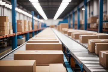 Fototapeta premium carton box packages in a production line with a conveyor machine in a warehouse, automatic delivery, distribution center