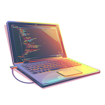 Laptop computer with a coding interface isolated on white background, cartoon style, png
