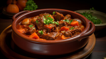 A bowl of hearty and flavorful beef stew, a comforting dish often enjoyed during Sahur in Ramadhan