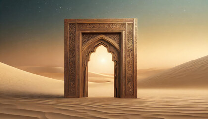 A Wooden Door Shows a Calm and Stunning View with a Desert and a Starry Sky
