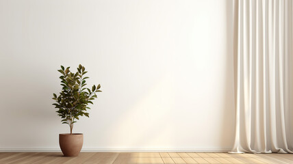 lant against a white wall mockup. White wall mockup with brown curtain, plant and wood floor, Small vertical wooden frame mockup, Generative Ai