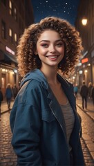 portrait of a smiling girl with curly hair on a city street at night