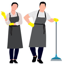 janitors team cleaning service concept male female mix race cleaners in uniform working together with professional equipment flat full length 