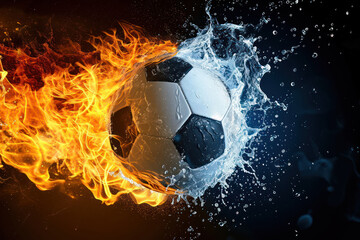 Soccerball caught in a dynamic interplay of fire and water