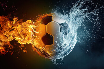 Soccerball caught in a dynamic interplay of fire and water