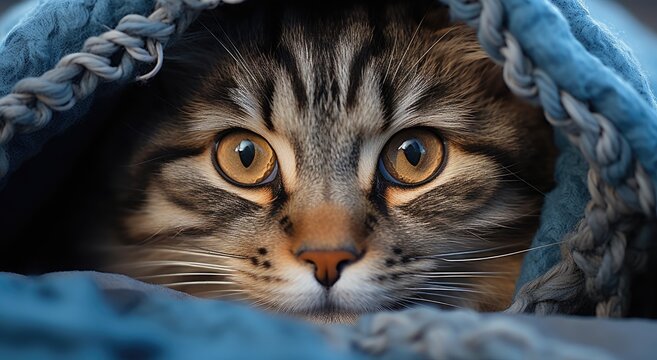 A curious domestic cat peeks out from under a cozy blue blanket, its bright eyes and twitching whiskers adding to its adorable feline charm