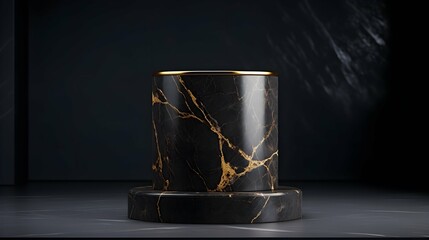 Fototapeta na wymiar black and gold marble cylinder podium for product presentation, dark background