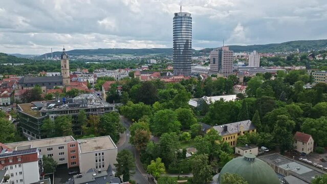 Aerial drone view of the historic old town of Jena in Thuringia, Germany . 
