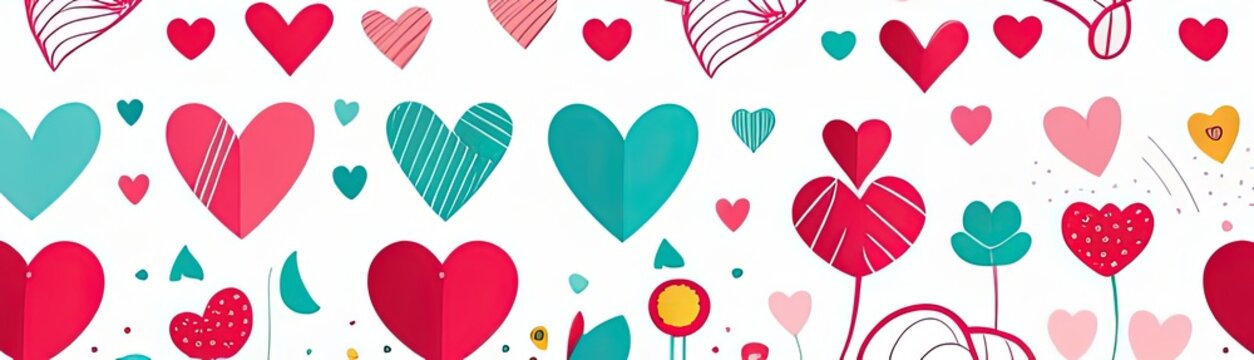 Valentines day flat abstract pink, azure hearts pastel background banner. Perfect for Valentines Day card, romantic themed design, voucher, greeting card, wrapping paper. Concept love. Copy space.