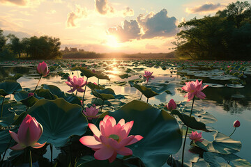 sunset over the Lotus Pond illustration, beautiful white pink lotus and water lily pad, sunset over...