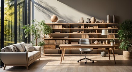 A cozy and stylish indoor den with a desk, shelves, and a studio couch that can double as a sofa bed, surrounded by a curated collection of furniture and decor, including a coffee table, loveseat, ho