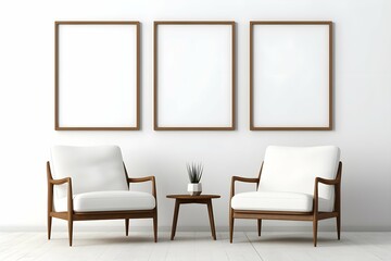 interior with white walls with wooden chairs and three mockup blank picture frames