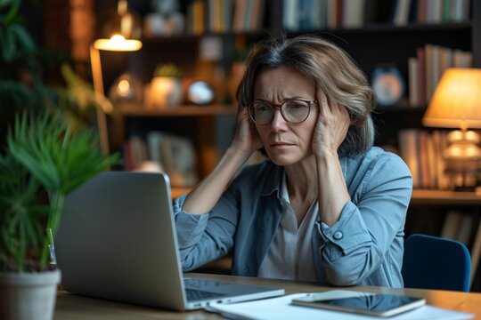 Worried Fatigued Mature Business Woman Wearing Glasses Having Headache At Work. Tired Busy 40s Middle Aged Businesswoman Feeling Stress At Workplace Looking At Laptop Computer In Office