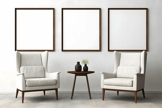 three mockups of empty pictures in wooden frames with white sofa.
