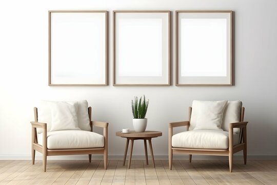 interior with white walls with wooden chairs and three mockup blank picture frames