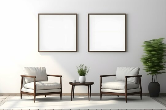 interior with white walls with wooden chairs and two mockup blank picture frames