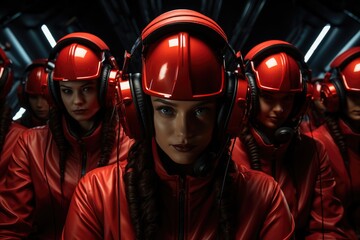 A fierce and unified team of women donning bold red headphones and jumpsuits, resembling powerful firefighters with their protective garments and helmets, stand confidently indoors, exuding strength 