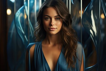 A stunning fashion model in a blue dress poses with poise and grace, her long brown hair cascading down her layered locks as she gazes confidently into the camera, exuding timeless elegance and beaut - obrazy, fototapety, plakaty