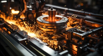 A fiery machine inside a bustling factory, its sparks illuminating the metalworking process and showcasing the power and intensity of the industrial world