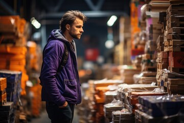 A stylish man stands confidently in the bustling marketplace, his purple jacket catching the eye of passersby as he peruses the selection of clothing stores and retail shops lining the street