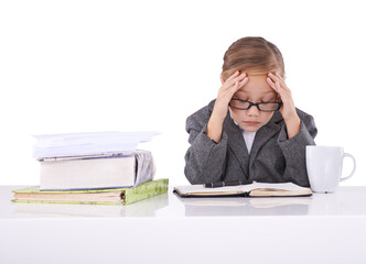 Child, work and suit for future job or career stress at desk or professional, notebook or white background. Girl, tired and frustrated in studio or research burnout dress up, employment or mockup