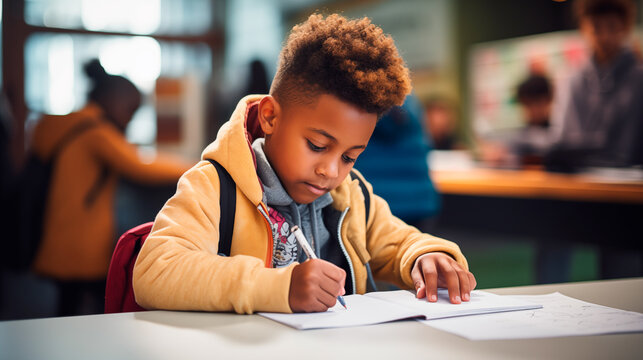 African boy sitting at desk in class room studying with classmates in background. Happy smiling pupil writing on notebook. 