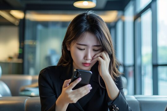 Young Busy Stressed Upset Asian Business Woman Holding Cellphone Using Mobile Phone, Looking At Smartphone Feeling Tired Frustrated Reading Bad News On Financial Market Working In Office