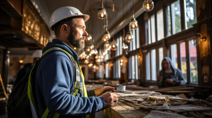 A skilled craftsman contemplating a project in a warmly lit workshop environment - obrazy, fototapety, plakaty