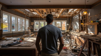 A skilled craftsman contemplating a project in a warmly lit workshop environment
