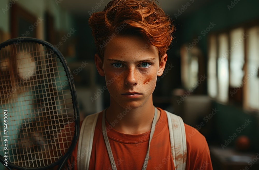 Canvas Prints A spirited young athlete grips his racket with determination, his fiery red hair and sprinkling of freckles adding to his intensity as he prepares to dominate the indoor court