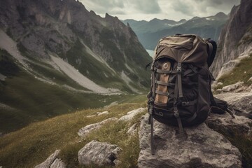 backpack on rugged land amidst mountains. Generative AI - obrazy, fototapety, plakaty