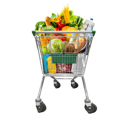 Shopping trolley full of food products and household goods isolated on white. © Soho A studio