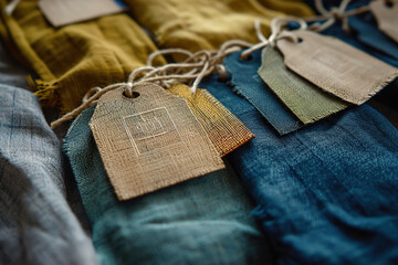 Close-ups of sustainable fashion labels and tags.