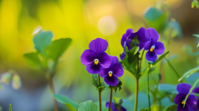Spring background. Amazing Meadow Violet Flowers. Viola Arvensis Or Field Pansy. Copy paste area for texture.