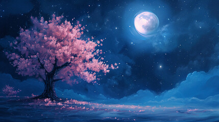 青く輝く夜空と月と桜の木の水彩画　Generative AI