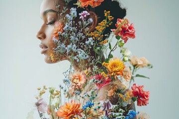  Immerse yourself in the captivating beauty of nature's harmony as a woman stands before you with a transparent body filled with an array of vibrant flowers