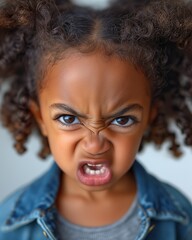 Little African-American girl displays hysterics and aggression, crying. Photo for psychology article on childhood crisis. An expressive portrait of an emotional child. - obrazy, fototapety, plakaty