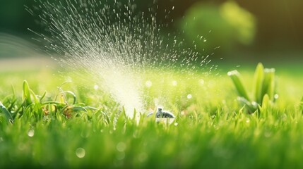 Automatic lawn sprinkler watering green grass. Sprinkler with automatic system. Garden irrigation system watering lawn. Water saving or water conservation from sprinkler system 