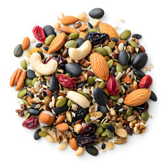Nuts and seeds in a trail mix isolated on white background, minimalism, png
