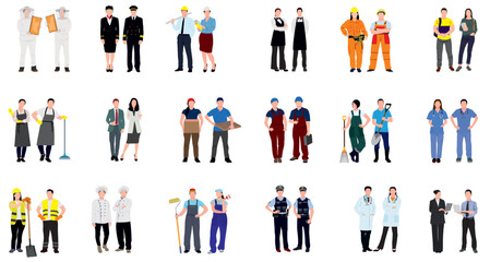 Pair of various professional. Different profession couple standing. Construction worker, aviation, medical, police, medical, architect, mechanic, businesspeople, chef, bee keeper and many more. 