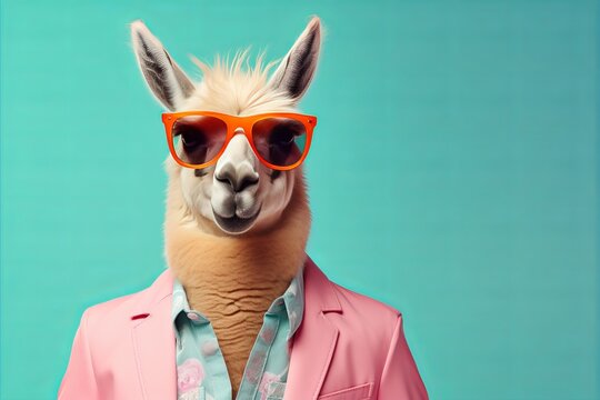 Energetic llama in stylish sunglasses and pink jacket. Commercial attitude against pastel green backdrop
