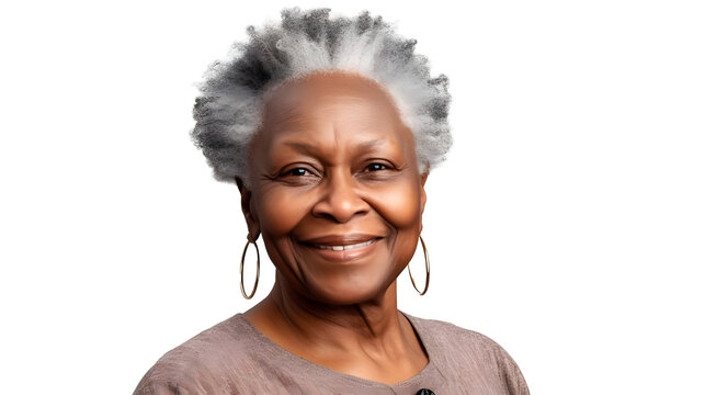 close-up portrait of a senior old black african american woman with grey hair, studio photo, isolated on white background.