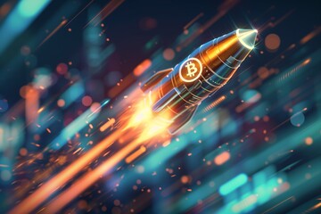 Bitcoin and cryptocurrency investing concept. Bitcoin rocket flies up - obrazy, fototapety, plakaty